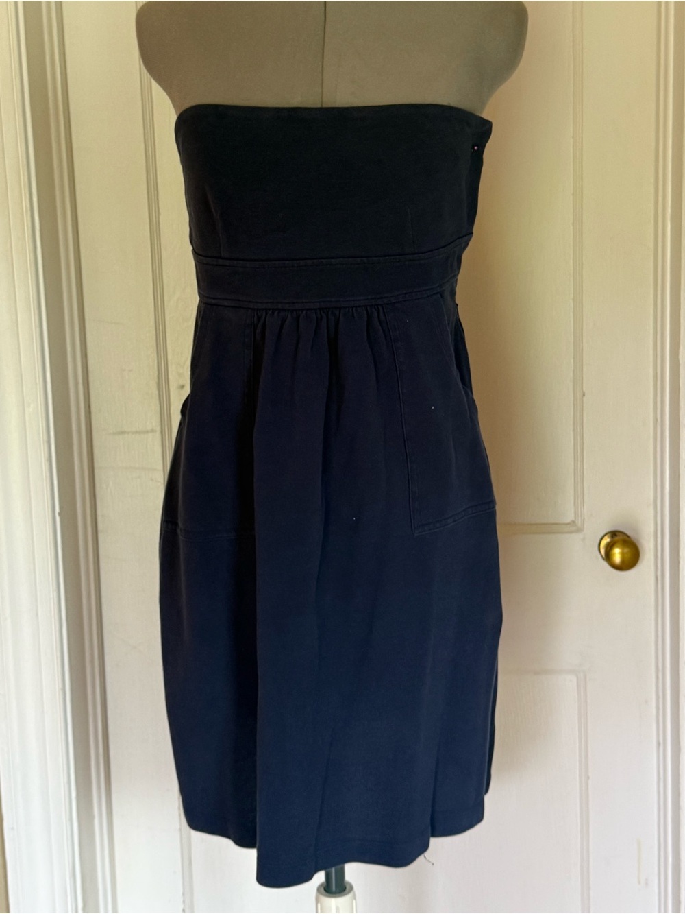 Navy pique strapless sundress with POCKETS